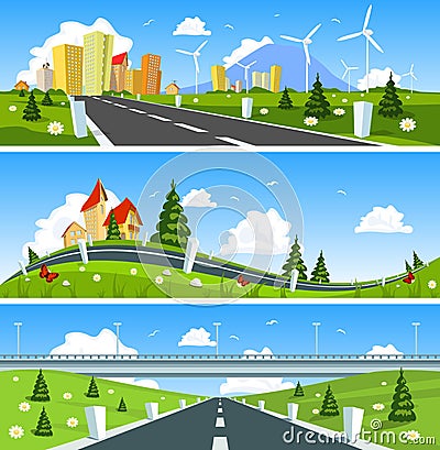 Scenic road through the countryside Cartoon Illustration