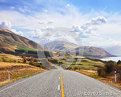 Scenic road near Lake Hawea in the sunny autumn day, South island, New Zealand Stock Photo