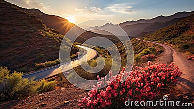 A scenic road trip through vibrant landscapes, the winding path adorned with colorful flowers. Stock Photo