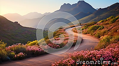 A scenic road trip through vibrant landscapes, the winding path adorned with colorful flowers. Stock Photo