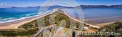 Scenic shot from the Neck lookout on Bruny Island with drone Stock Photo
