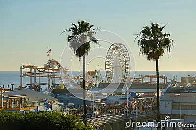 Scenic shot of rollercoaster ride and ferris wheel at end of Santa Monica Pier Editorial Stock Photo