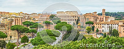 Scenic shot of Rome with Colosseum and Roman Forum Stock Photo