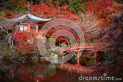 Scenic shot of a still pond, a red bridge near Daigo-ji Temple on an autumn day, Japan Stock Photo