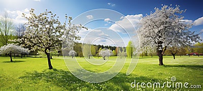 Scenic Spring Landscape with a Neatly Trimmed Lawn and Trees Against Blue Sky Stock Photo