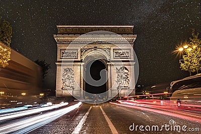 Scenic starry night above the Triumphal Arch in Paris Editorial Stock Photo