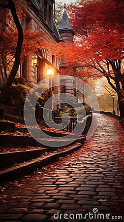 A scenic stone stair path in Montmartre, Paris, amid vibrant autumn foliage Stock Photo