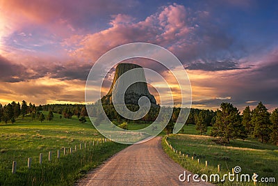 Scenic sunrise over Wyoming`s Devils Tower National monument Stock Photo