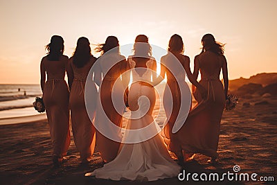 Scenic Sunset: Bridal Party on a Tranquil Beach Stock Photo