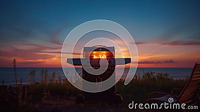 Scenic Sunset Grill: BBQ on Hilltop Over Ocean Stock Photo