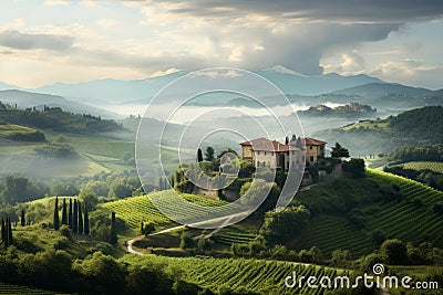 Scenic sunset in Italian landscape. Beautiful villa on a hill surrounded with cypress trees and vineyards Stock Photo