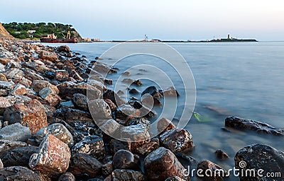 Scenic sunset landscape of rocky Black Sea coast by Bolshoy Utrish village, Anapa, Russia Stock Photo