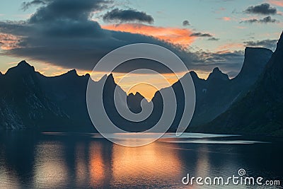 Scenic sunset near the great mountains in lofoten islands, Kjerkfjorden, bunesfjorden Stock Photo