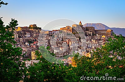 Scenic sunset view of Castiglione di Sicilia village, Sicily Editorial Stock Photo