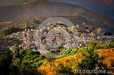 Scenic sunset view of Castiglione di Sicilia village, Sicily Editorial Stock Photo