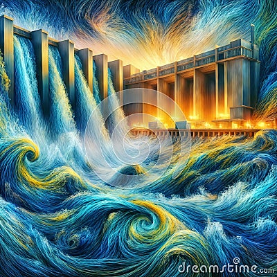 Scenic Torrent: Waterfall Behind Hydroelectric Plant, generative ai Stock Photo