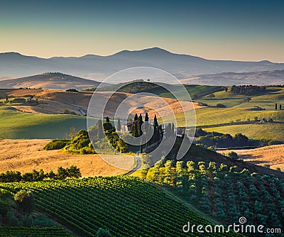 Scenic Tuscany landscape in golden morning light Stock Photo