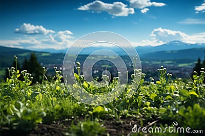 Scenic urban blend Grass field in 3D rendering against city background vista Stock Photo