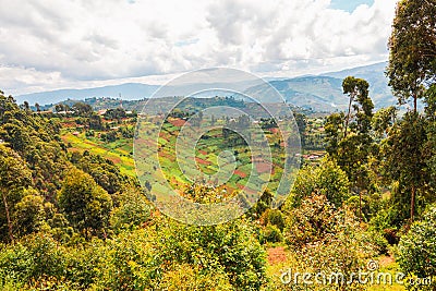 Scenic view of African landscape with houses and farms against a Mountain background in rural Uganda Stock Photo