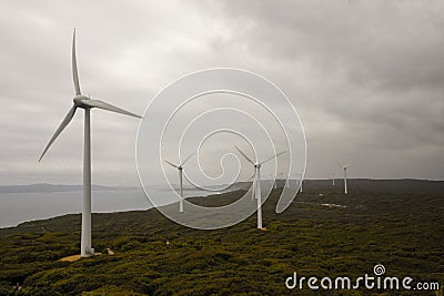A scenic view of Albany Wind Farm in a cloudy weather Stock Photo