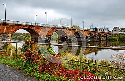Scenic view of ancient Roman bridge at moody autumn morning, Trier, Rhineland-Palatinate, Germany Stock Photo