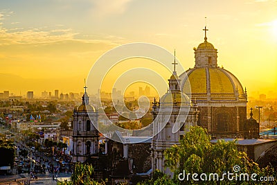 Scenic view at Basilica of Guadalupe with Mexico city skyline Stock Photo