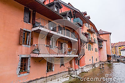 Scenic view of the beautiful canals and historic buildings in the old town of Annecy, France Stock Photo