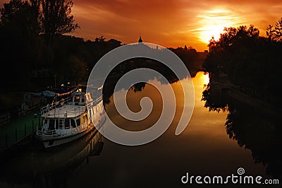 Scenic view of Bega river Timisoara at sunset Editorial Stock Photo