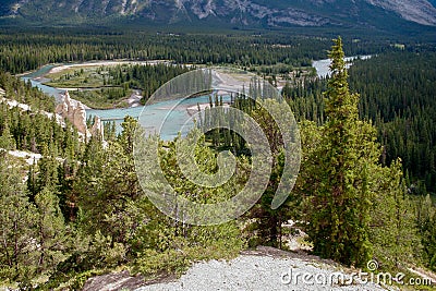Scenic view of the Bow River and the Hoodoos near Banff in Alberta Stock Photo