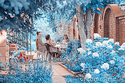 Scenic view. Breakfast of relatives in the country on a sunny summer day Editorial Stock Photo