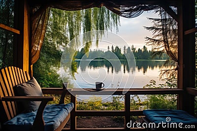 a scenic view of a calm lake from a cozy porch Stock Photo