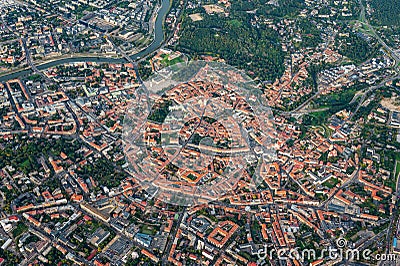 Scenic view on central part of Vilnius capital of Lithuania from hot air balloon. Old Town view from the sky Editorial Stock Photo