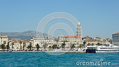 Split, Croatia - 07 22 2015 - Scenic view of the city with bell tower from the water, beautiful cityscape, sunny day Editorial Stock Photo