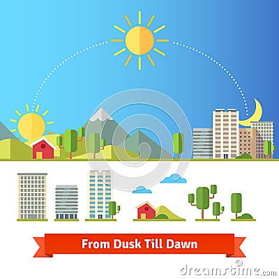 Scenic view of city and rural landscape Vector Illustration