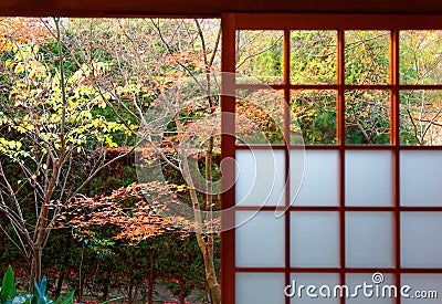 Scenic view of colorful maple trees in the courtyard behind the sliding screen doors Stock Photo