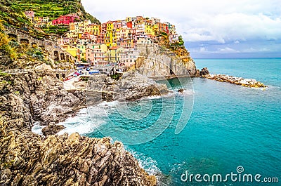 Scenic view of colorful village Manarola in Cinque Terre Stock Photo