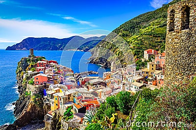 Scenic view of colorful village Vernazza in Cinque Terre Stock Photo