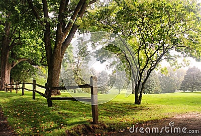 Early autumn foggy morning landscape Stock Photo