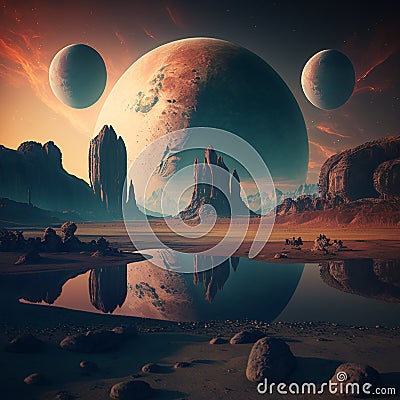 Scenic view of a far off planet. Created using ai generative. Stock Photo
