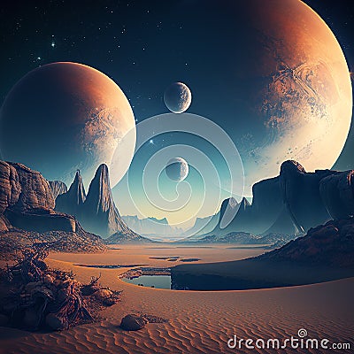 Scenic view of a far off planet. Created using ai generative. Stock Photo