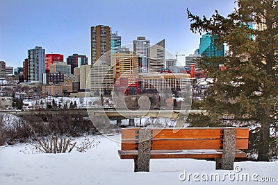 Edmonton Winter Skyline From A Park Bench Stock Photo