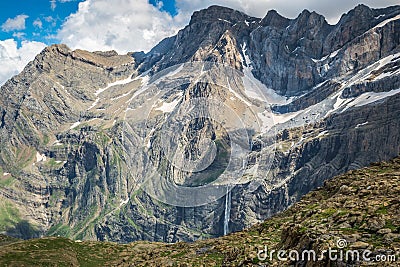 Scenic view of famous Cirque de Gavarnie with Gavarnie Fall in P Stock Photo