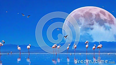 scenic view of flock of flamingos on a bank of lake Stock Photo