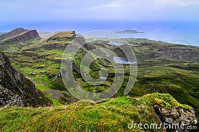 Scenic view of green Quiraing coastline in Scottish highlands Stock Photo