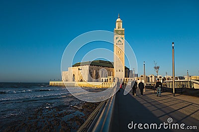scenic view of Hassan ii mosque in front of the sea - Casablanca, Morocco Editorial Stock Photo