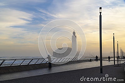 scenic view of Hassan II Mosque at sunrise - Casablanca, Morocco Stock Photo