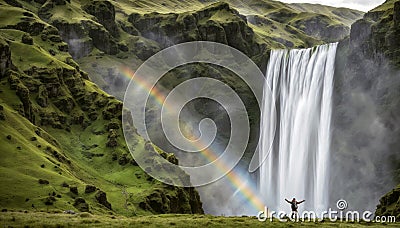 Scenic view of a hiker admiring a breathtaking waterfall in iceland. Travel and adventure concept Stock Photo