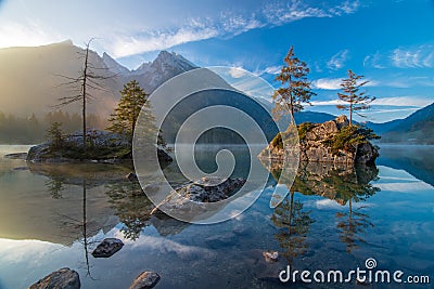 Scenic view of Hintersee lake at autumn morning Stock Photo