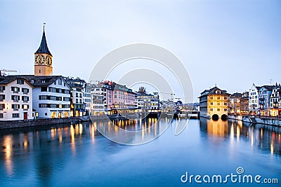 scenic view of historic Zurich city center with famous Fraumunster and Grossmunster Churches and river Limmat at Lake Zurich, Stock Photo
