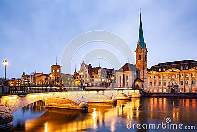 scenic view of historic Zurich city center with famous Fraumunster and Grossmunster Churches and river Limmat at Lake Zurich, Stock Photo